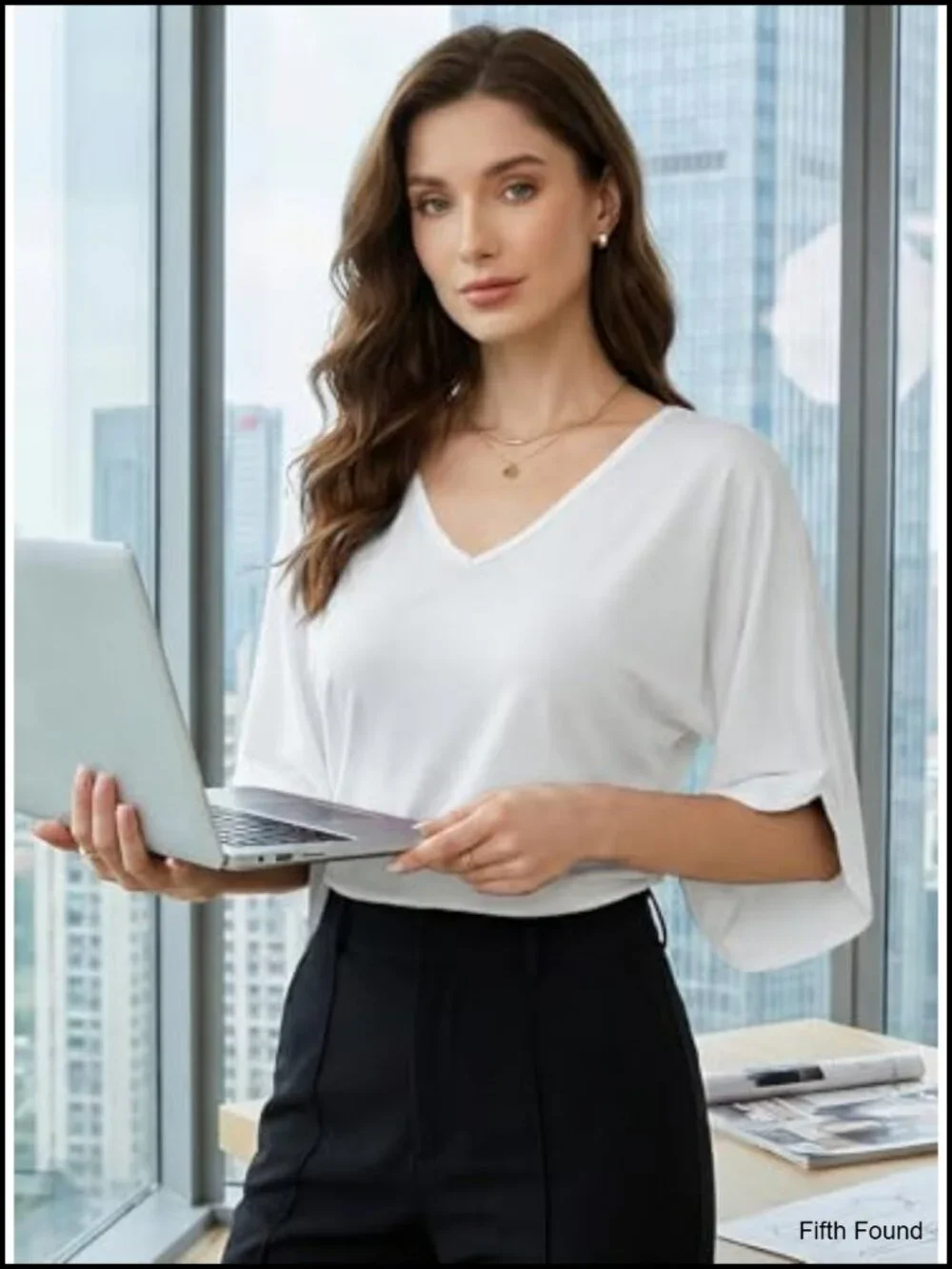 V Neck 3/4 Batwing Sleeve Ruched T-Shirt Blouse Business Work Outfits